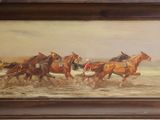 painting of a group of horses running on a beach