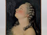 portrait of a woman with braids in profile, in a black and white painting
