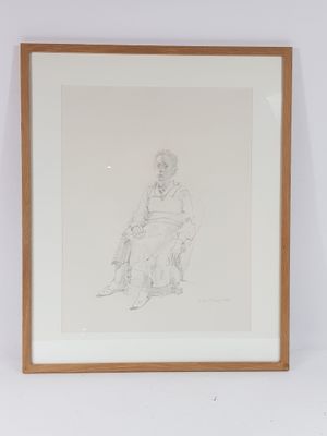 dessin représentant un homme assis sur une chaise devant un mur blanc
