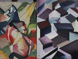 three paintings of a man riding a horse and a woman riding a horse