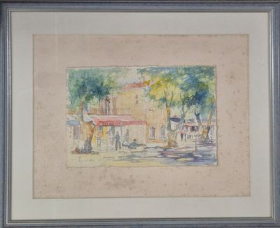 aquarelle encadrée représentant une scène de rue avec un café