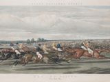 a painting of a horse race with jockeys and horses