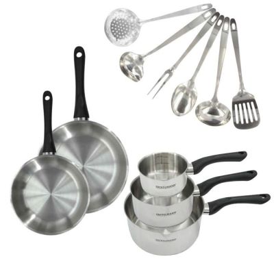 a lot of pots and pans and utensils on the table