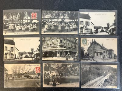 several old black and white photographs of people and horses in front of a building