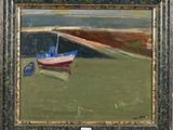 an oil painting of a boat on a green field with a sky background