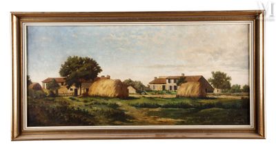 une peinture à l'huile représentant une scène de vie à la ferme, avec des balles de foin au premier plan
