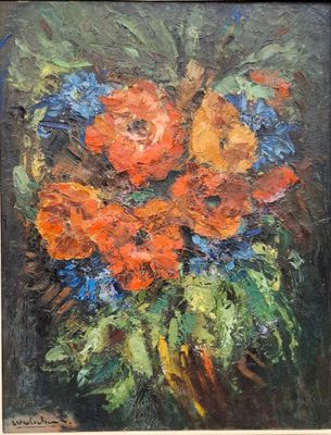 une peinture à l'huile représentant des fleurs dans un vase sur une table