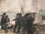 tableau représentant un groupe d'hommes debout autour d'un bateau sur un plan d'eau