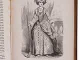 an open book with a drawing of a woman in a dress and a hat