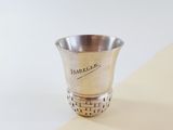 a silver cup sitting on top of a table