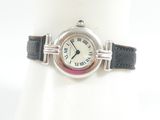 wrist watch with black leather band and roman numerals on display