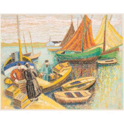 tableau représentant un groupe de bateaux amarrés à un quai par une journée ensoleillée
