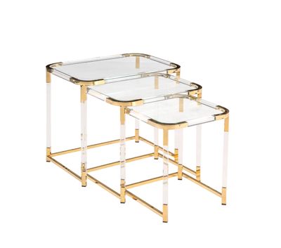 a set of three gold and clear glass nesting tables