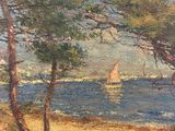 an oil painting of a sailboat on the water near trees