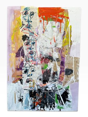 abstract painting of a man sitting on a motorcycle in front of a building