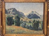 a painting of a landscape with mountains in the background