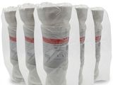 four rolls of toilet paper wrapped in plastic on a white background