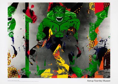 une image représentant un tableau d'un « Green Man » avec un skateboard