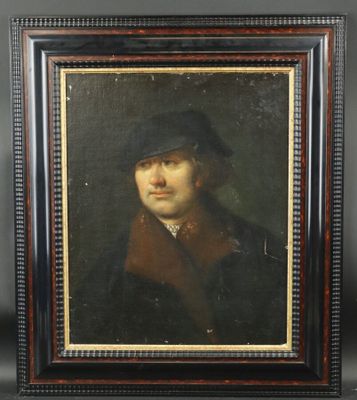 un tableau représentant un homme portant un chapeau et un manteau noirs