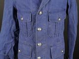 a blue military jacket with red stripes and buttons on the chest
