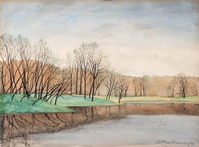an image of a watercolor painting of a pond and trees