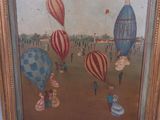 painting of a group of people flying hot air balloons in a field