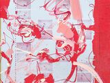 abstract painting of a woman ' s face on a red background