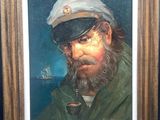 painting of a man in a sailor ' s hat with a pipe in his mouth
