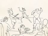 dessin représentant un groupe de personnes assises sur un canapé dans un salon