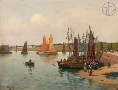 a painting of boats on the water near a beach
