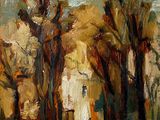 une peinture à l'huile représentant un sentier traversant un parc bordé d'arbres