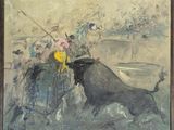 tableau représentant un taureau et un homme à cheval dans un champ