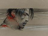 drawing of a man with blood on his face in a body of water