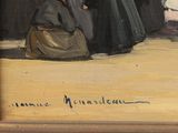 an oil painting of a group of people sitting on a bench