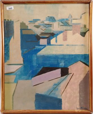 an image of a painting of boats in a harbor on a sunny day