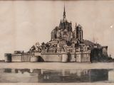 une vieille photo d'un château au milieu d'un lac
