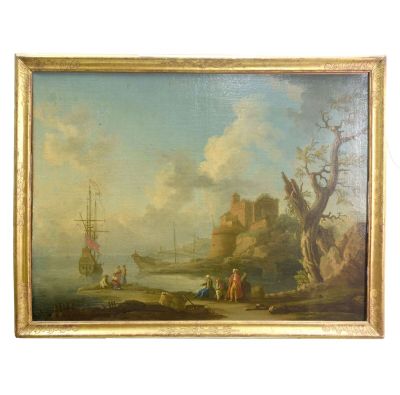 une image représentant un tableau où l'on voit des personnes sur une plage, avec un château en arrière-plan