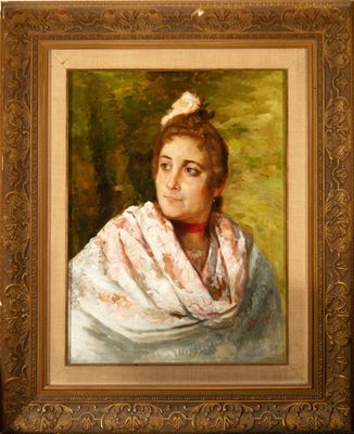 painting of a woman in a white shawl with a red scarf