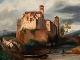 tableau représentant un château situé sur une falaise surplombant une rivière, avec un bateau au premier plan
