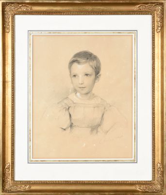 a drawing of a young boy in a dress in a gold frame
