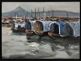 painting of boats in a harbor with a mountain in the background