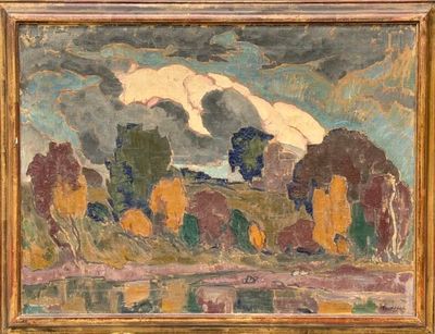une image représentant un tableau représentant un paysage avec des arbres et de l'eau