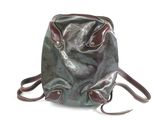 a green bag with a brown handle on a white background