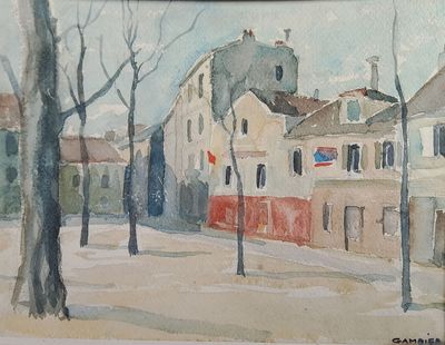 a watercolor painting of a street scene with buildings and trees