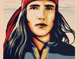 a poster of a man with long hair wearing a red hat