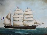 painting of a sailing ship in the ocean with a flag on the mast