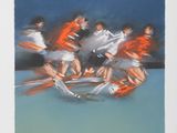 a painting of a group of people riding on a bike