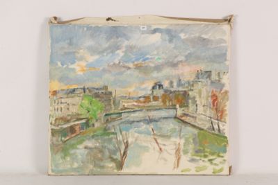 an oil painting of a painting of a river with buildings in the background