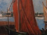 a painting of a boat with red sails on a body of water