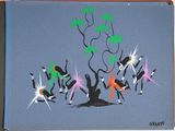 a painting of a group of people dancing around a tree